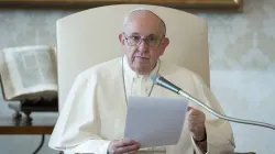 Le pape François lors de l'audience générale dans la bibliothèque apostolique. / Vatican Media