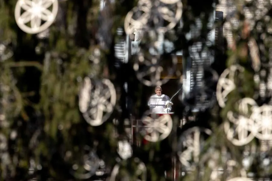 Le pape François, vu à travers l'arbre de Noël du Vatican, prononce un discours à l'Angélus. Daniel Ibáñez/CNA.