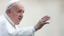 Le Pape François salue les pèlerins après l'audience générale du mercredi sur la place Saint-Pierre, le 26 février 2020. / Daniel Ibáñez/CNA