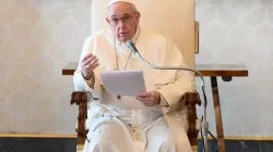 Le pape François prononce son discours à l'occasion de l'audience générale dans la bibliothèque du Palais Apostolique. / Vatican Media.