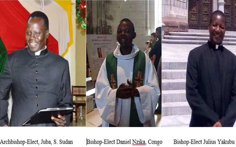 Nominations papales du 12 décembre 2019 : de gauche à droite, Mgr Stephen Ameyu, archevêque élu de Juba au Sud-Soudan, Mgr Daniel Nzika, évêque élu de Congo-Brazzaville's Impfondo, et Mgr Julius Yakubu Kundi de Kafanchan au Nigeria. Domaine public