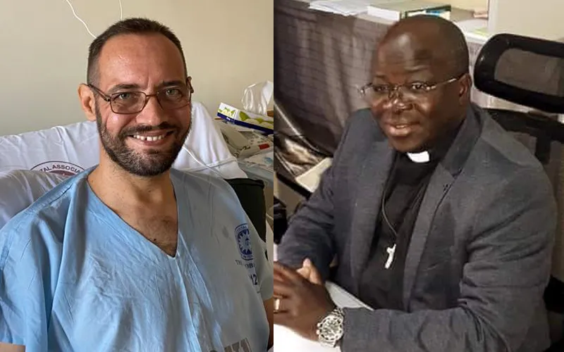 Mgr Matthew Remijio (à droite), évêque du diocèse de Wau au Soudan du Sud, nommé par le pape François pour diriger temporairement le diocèse de Rumbek, tandis que l'évêque élu, Mgr Christian Carlassare (à gauche), se remet de ses blessures par balle.