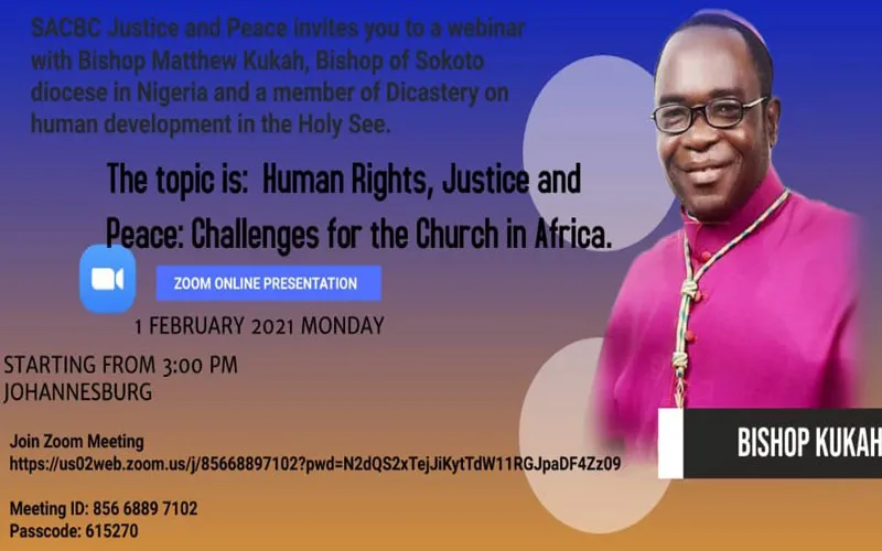 Une affiche annonçant le webinaire Commission "Justice et Paix" de la Conférence des évêques catholiques d'Afrique australe (SACBC)