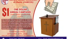 Une affiche annonçant la campagne annuelle "Un dollar" lancée par les évêques catholiques du Libéria . / CABICOL
