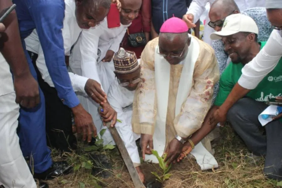 Mgr Ignatius Kaigama plantant un arbre dans le cadre de la campagne de plantation de 20000 arbres dans l'archidiocèse catholique d'Abuja au Nigeria. Crédit : Samson Adeyanju