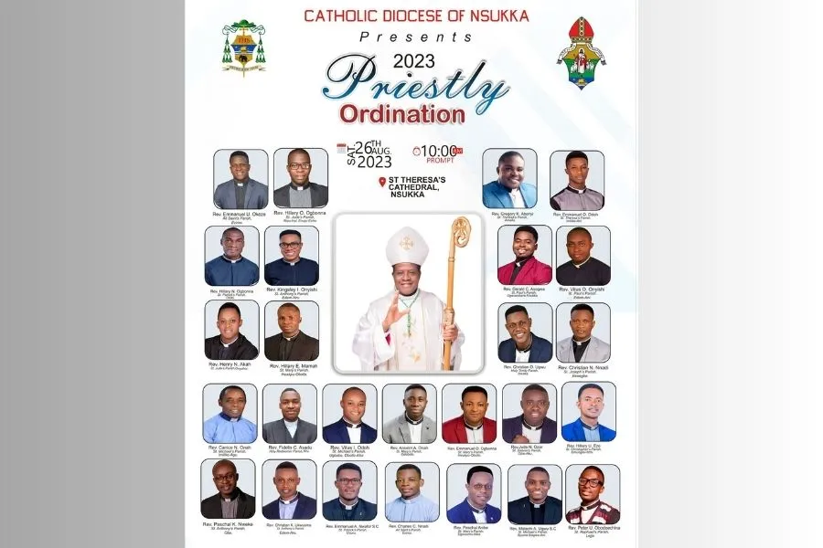 Une affiche montrant les 26 nouveaux prêtres ordonnés par Mgr Godfrey Igwebuike Onah du diocèse de Nsukka, au Nigeria, le 26 août 2023. Crédit : Diocèse de Nsukka / 