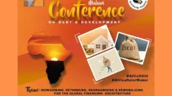 Une affiche annonçant la conférence de deux jours sur la dette et le développement au Malawi, à l'hôtel Crossroads, à Lilongwe. Crédit : Luntha Television. / 