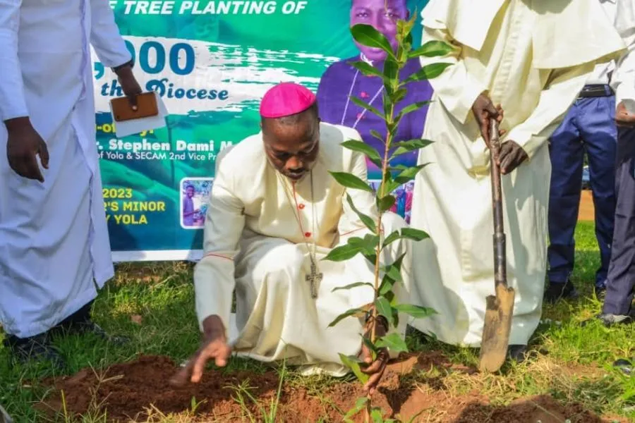 Mgr Stephen Dami Mamza lors du lancement de la campagne de l'arbre de la révolution verte dans le diocèse de Yola. Crédit : Diocèse de Yola