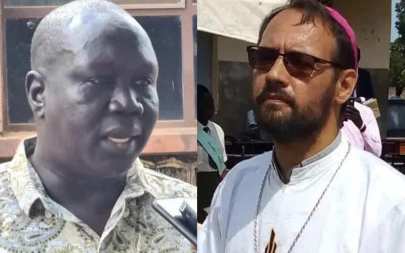 Le père John Mathiang (à gauche) et Mgr Christian Carlassare (à droite). Crédit : Ginaba Lino/Juba/Soudan du Sud/Diocèse catholique de Rumbek