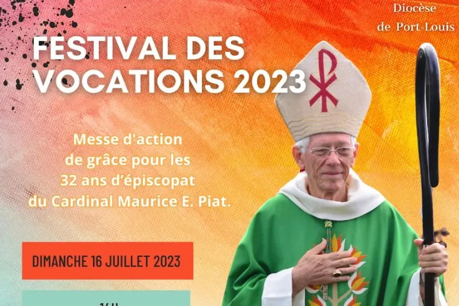 Une affiche annonçant la fête des vocations du 16 juillet et le 32e anniversaire épiscopal du cardinal Maurice Piat. Crédit : Diocèse de Port-Louis / 