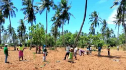 Les paroissiens de la mission catholique St Michael à Kilifi, dans le diocèse catholique de Malindi, lors du lancement des activités de plantation d'arbres dans le diocèse, le 13 avril 2021. / 