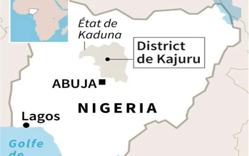 Carte de la République fédérale du Nigeria montrant l'état de Kaduna où il y a eu une recrudescence de la violence récemment. Domaine public