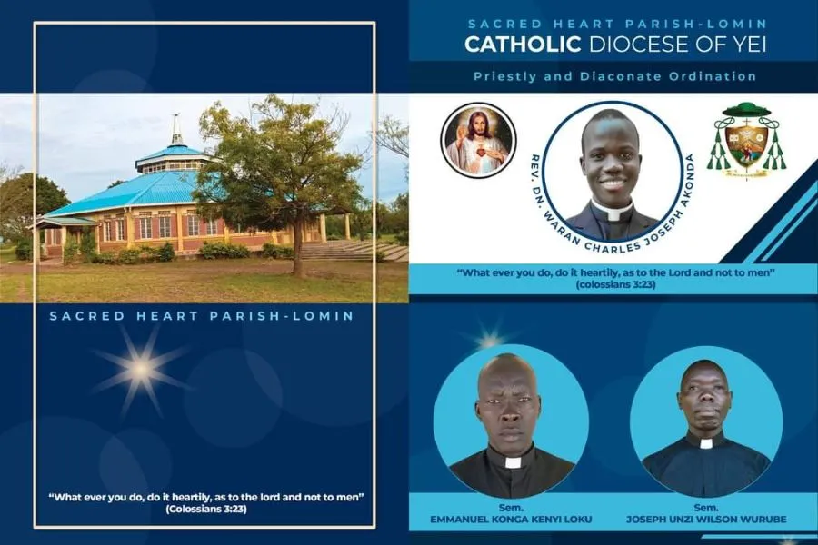 Une affiche annonçant le diaconat et l'ordination sacerdotale du 8 octobre dans le diocèse de Yei, au Soudan du Sud. Crédit : Diocèse de Yei