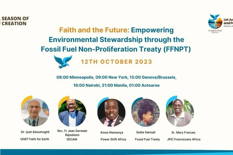 Une affiche annonçant la conférence Faith and the Future : Renforcer la gestion de l'environnement par le biais du Traité de non-prolifération des combustibles fossiles (TNPF). Crédit : Mouvement Laudato Si' Afrique