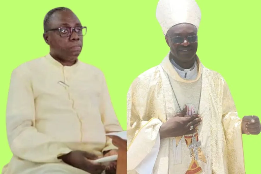 Mgr Gélase Armel Kema (à droite) et Mgr. Abel Liluala (à gauche), nommés respectivement archevêques d'Owando et de Pointe-Noire le 6 janvier 2024. Crédit : Diocèse de Ouesso, Archidiocèse de Pointe-Noire