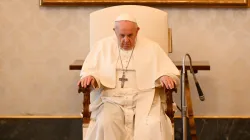 Le Pape François lors de son audience générale dans la bibliothèque du Palais Apostolique le 31 mars 2021. / Vatican Media