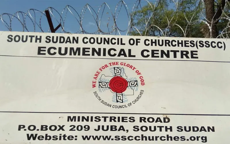 Panneau de signalisation du Conseil des églises du Soudan du Sud, basé à Juba, organe œcuménique de sept membres doté d'un solide héritage en matière de consolidation de la paix, de réconciliation et de plaidoyer ACI Afrique