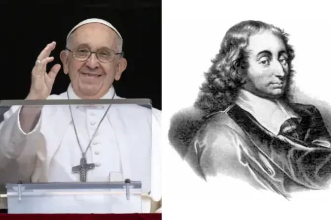 Le pape François prononce son discours de l'Angélus le 18 juin 2023/Portrait de Blaise Pascal. | Vatican Media/Domaine public