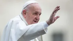 Le pape François salue les pèlerins sur la place Saint-Pierre le 26 février 2020. / Daniel Ibanez/CNA.