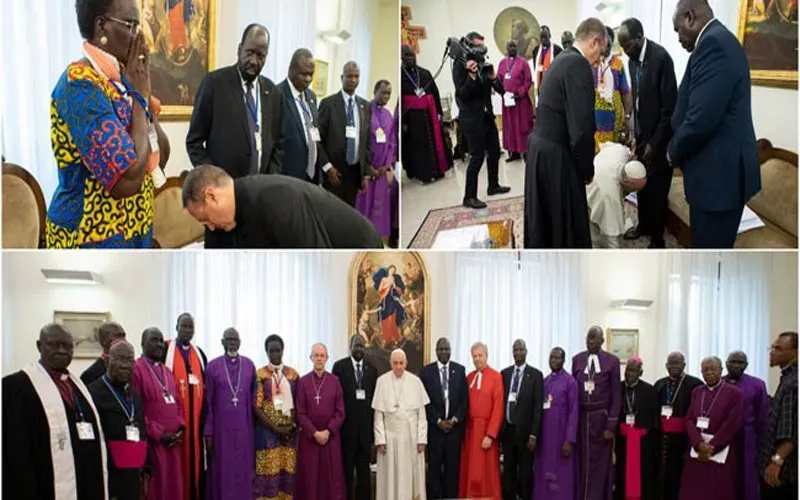 Une délégation de dirigeants politiques du Soudan du Sud au Vatican avec le pape François en avril 2019. Credit:Vatican MediaDélégation de dirigeants politiques du Soudan du Sud au Vatican avec le pape François en avril 2019. Crédit : Vatican Media
