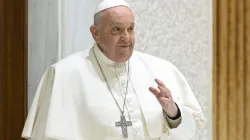 Le pape François salue les pèlerins lors de l'audience générale du mercredi 24 janvier 2024, dans la salle d'audience Paul VI au Vatican. | Crédit : Vatican Media / 