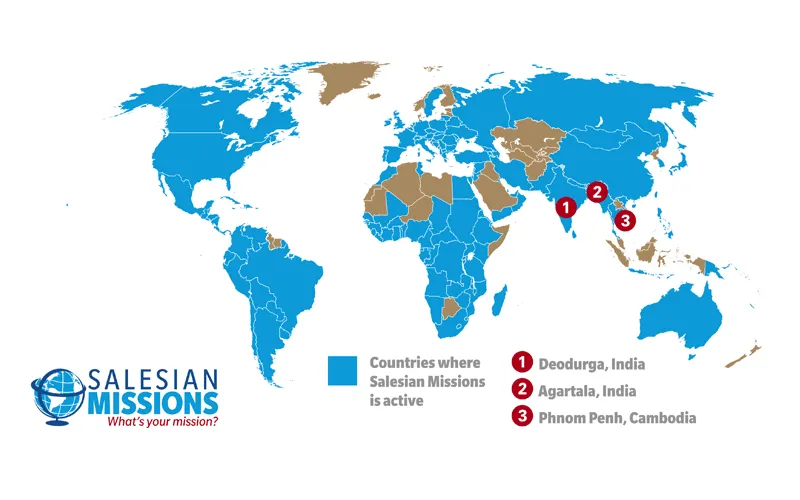 Carte montrant la présence des missionnaires salésiens à travers le monde. Domaine public