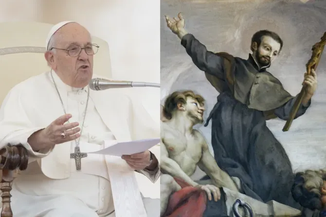 Le pape François lors de l'audience générale du 17 mai 2023 (à gauche) et une peinture de saint François Xavier dans l'église du Gesù à Rome (à droite). | Daniel Ibanez/Creative Commons