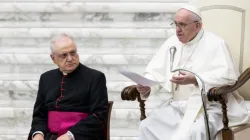 Le Pape François prononce son discours lors de l'audience générale dans la salle d'audience Paul VI au Vatican, le 7 octobre 2020. / 