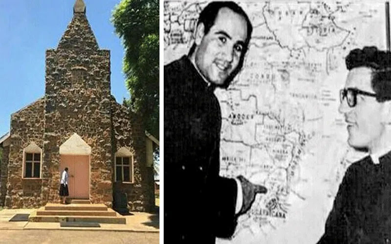 (A Gauche) L'église originale du Très Saint Rédempteur, construite en 1921. (A droite) Les pères stigmates Michael D'Annucci (à gauche) et Charles Mittempergher, qui ont servi la mission de Mmakau pendant de nombreuses années après leur ordination. Le père D'Annucci a été assassiné lors d'un détournement à Pretoria en décembre 2001 (il a été déclaré martyr en 2002) ; le père Mittempergher est mort en Italie en décembre 2017. Southern Cross