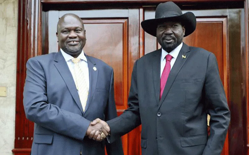 Le président Salva Kiir Mayardit et le vice-président désigné Dr Riek Machar après leur rencontre à Juba, au Sud-Soudan, le 17 décembre 2019. Domaine public