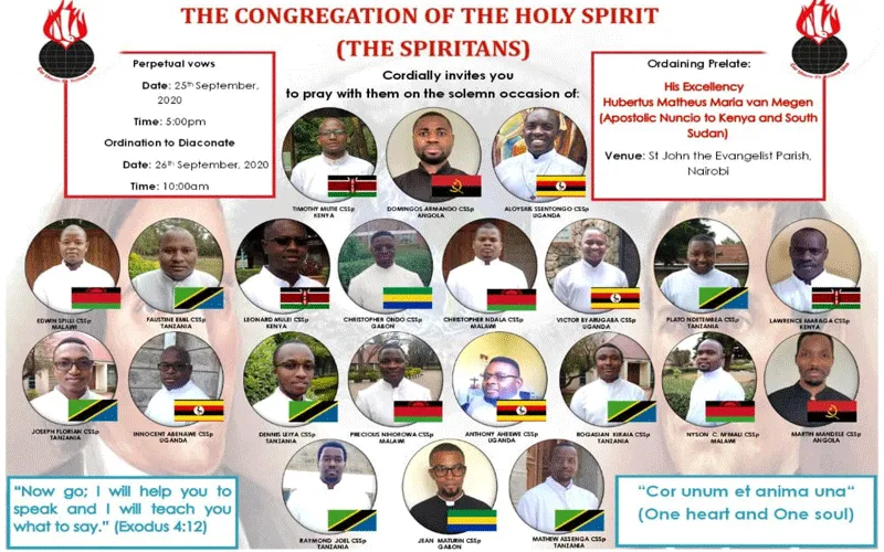 Une affiche annonçant les voeux perpétuels et l'ordination diaconale de 22 séminaristes de la Congrégation du Saint-Esprit (Spiritains). Congrégation du Saint-Esprit (Spiritains).