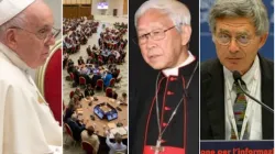 Le pape François, les tables rondes du Synode sur la synodalité au Vatican, le cardinal Joseph Zen et Paolo Ruffini. | Crédit : EWTN News / 