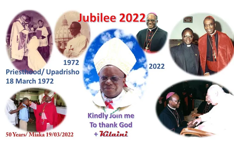 Une affiche sur le jubilé d'or de la prêtrise de Mgr Method Kilaini, marqué le 19 mars 2022.