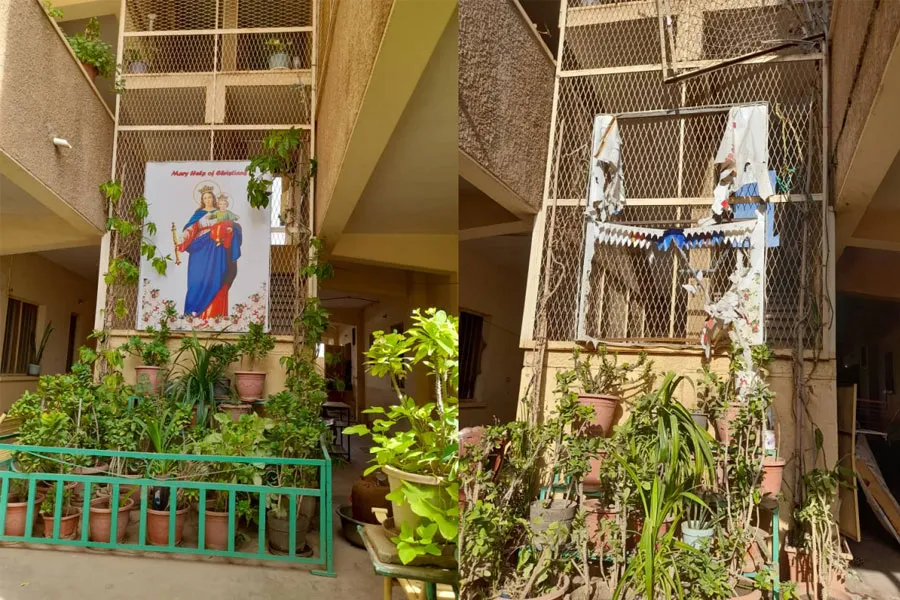 Le tableau de la Vierge avant et après le bombardement. Crédit : AED