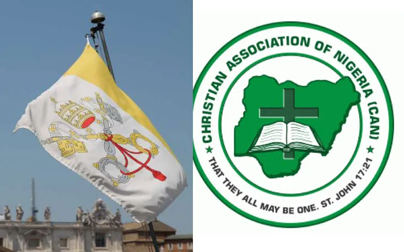 Le drapeau du Vatican et le logo de l'Association chrétienne du Nigeria (CAN)